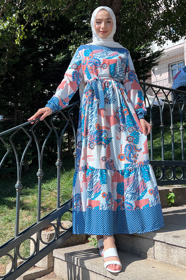Desenli Şifon Elbise - Mavi