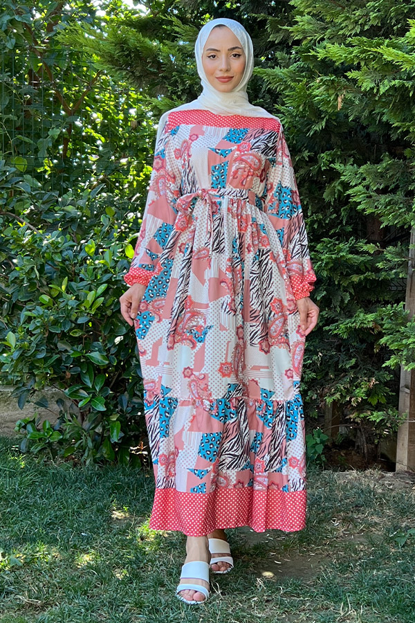 Desenli Şifon Elbise - Pembe