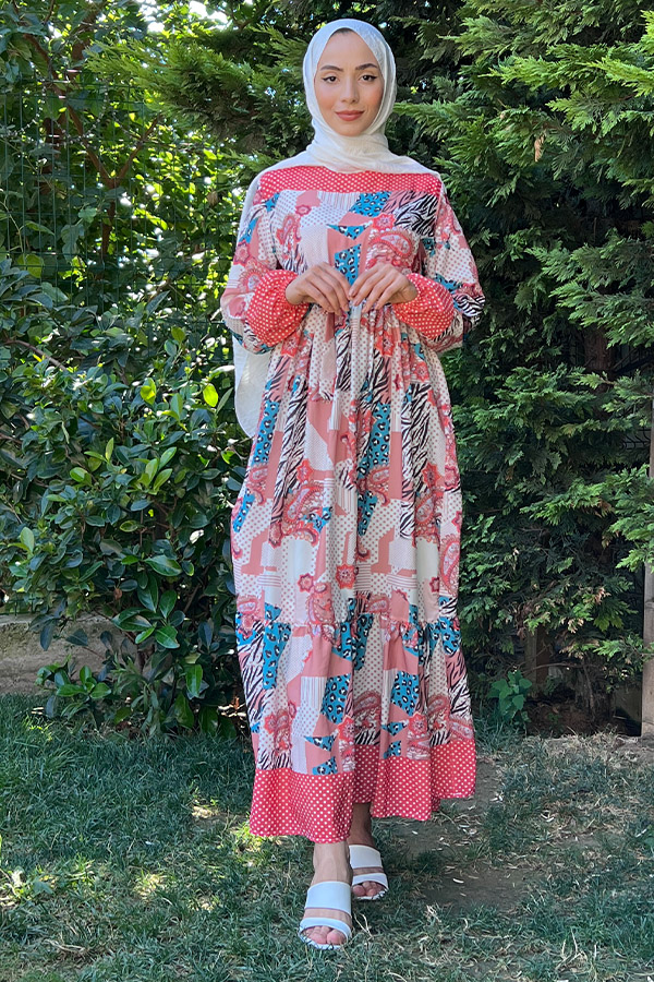 Desenli Şifon Elbise - Pembe