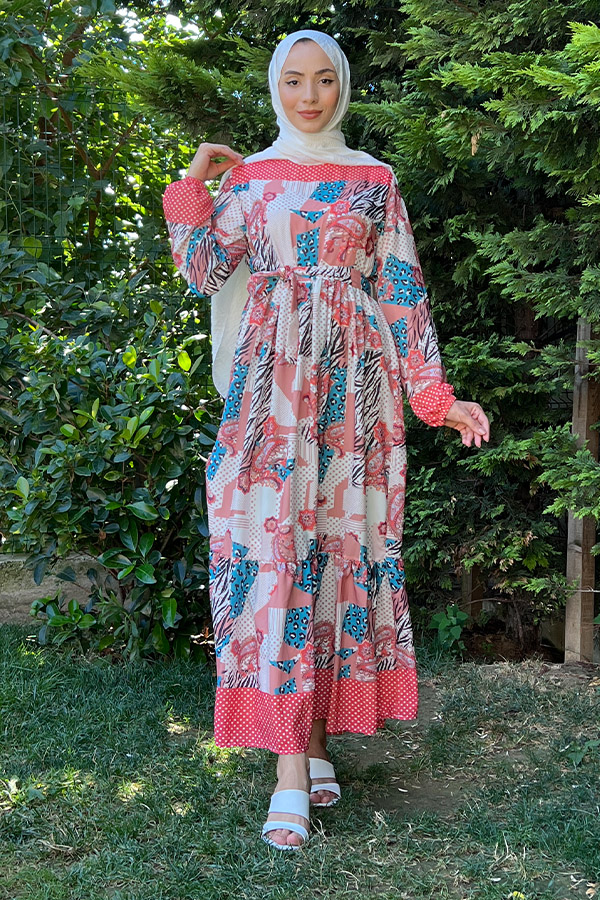 Desenli Şifon Elbise - Pembe