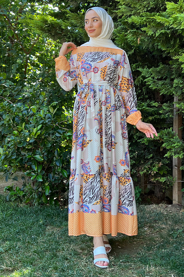 Desenli Şifon Elbise - Sarı