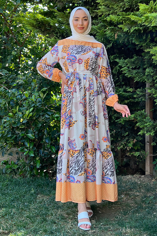 Desenli Şifon Elbise - Sarı