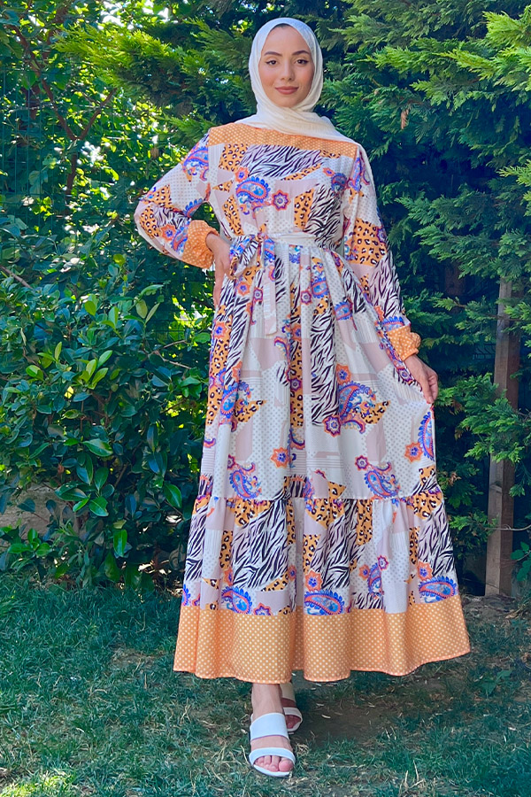 Desenli Şifon Elbise - Sarı