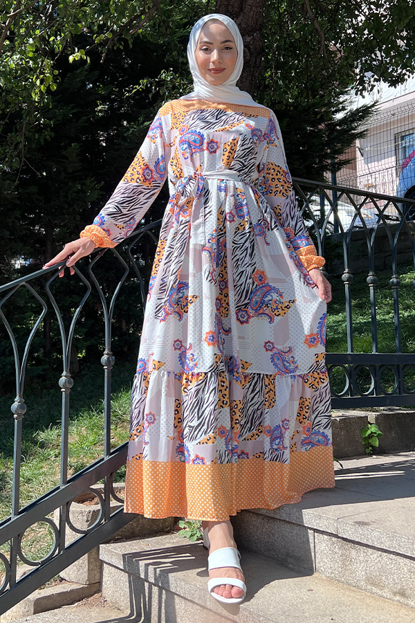 Desenli Şifon Elbise - Sarı