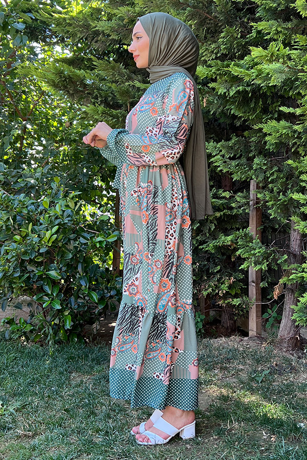 Desenli Şifon Elbise - Yeşil