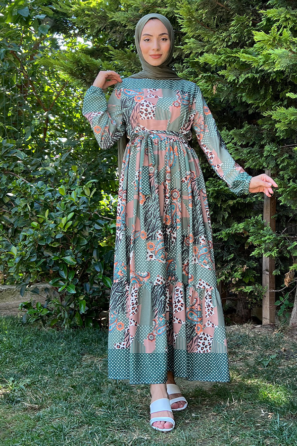 Desenli Şifon Elbise - Yeşil