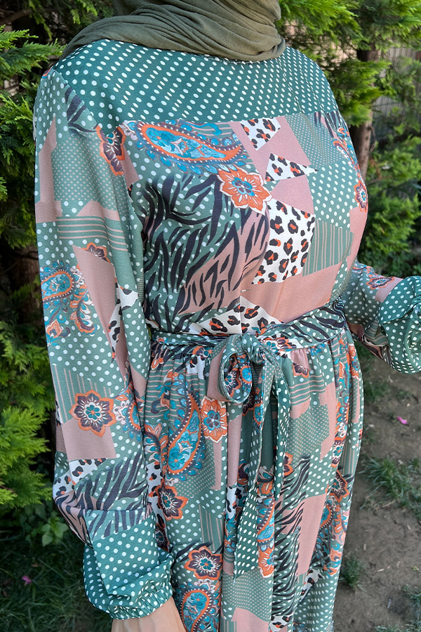 Desenli Şifon Elbise - Yeşil