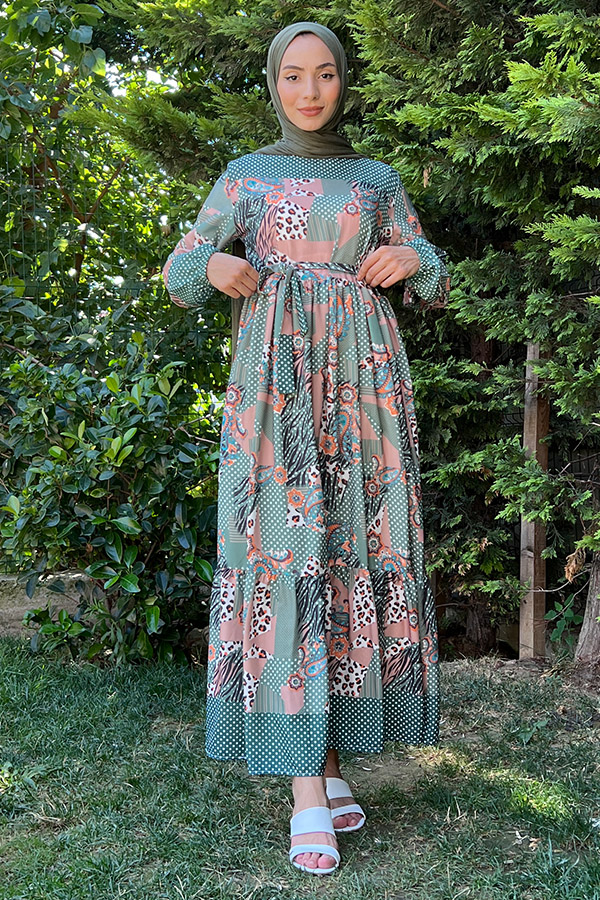 Desenli Şifon Elbise - Yeşil