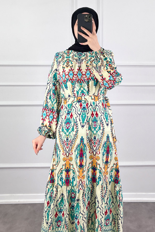 Desenli Viskon Elbise - Ekru