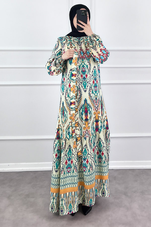 Desenli Viskon Elbise - Ekru