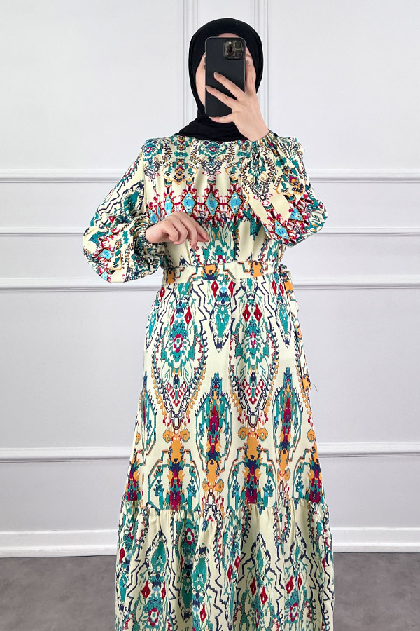 Desenli Viskon Elbise - Ekru