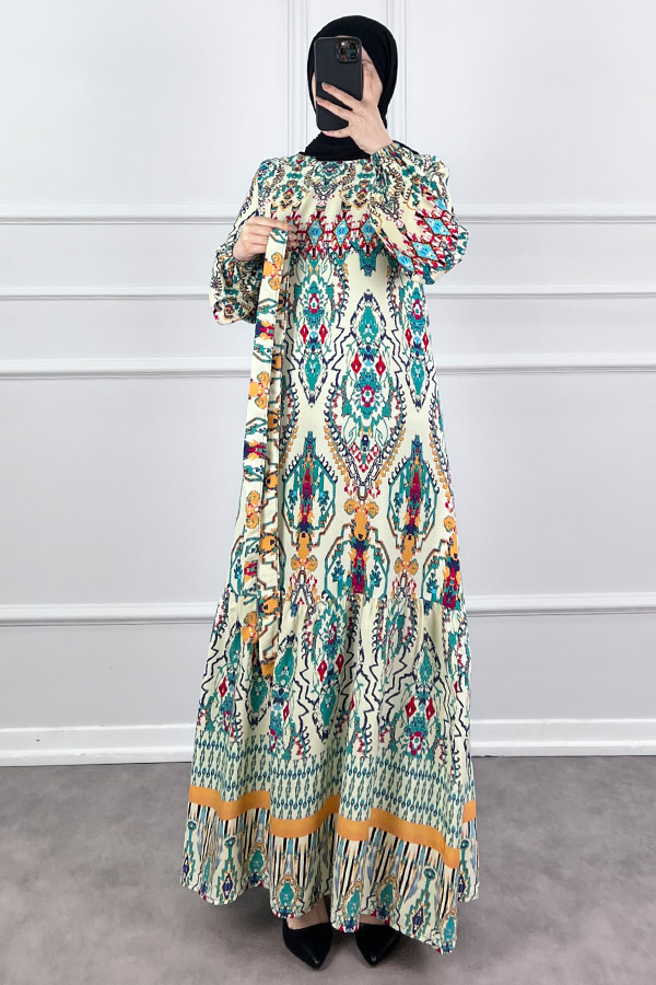 Desenli Viskon Elbise - Ekru