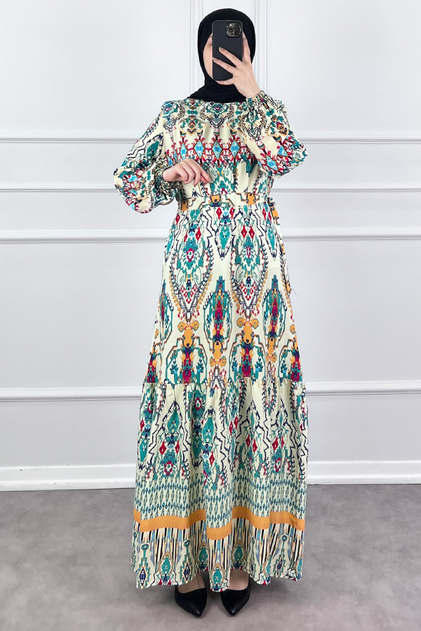 Desenli Viskon Elbise - Ekru