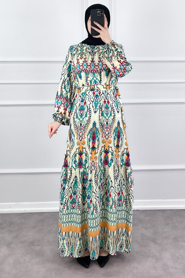 Desenli Viskon Elbise - Ekru