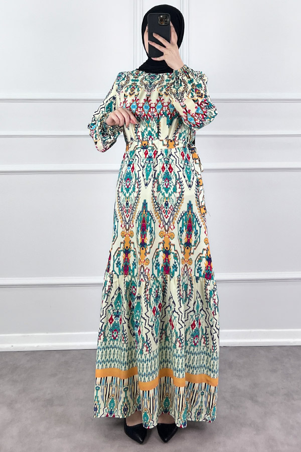 Desenli Viskon Elbise - Ekru