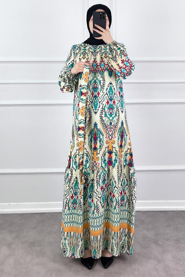 Desenli Viskon Elbise - Ekru