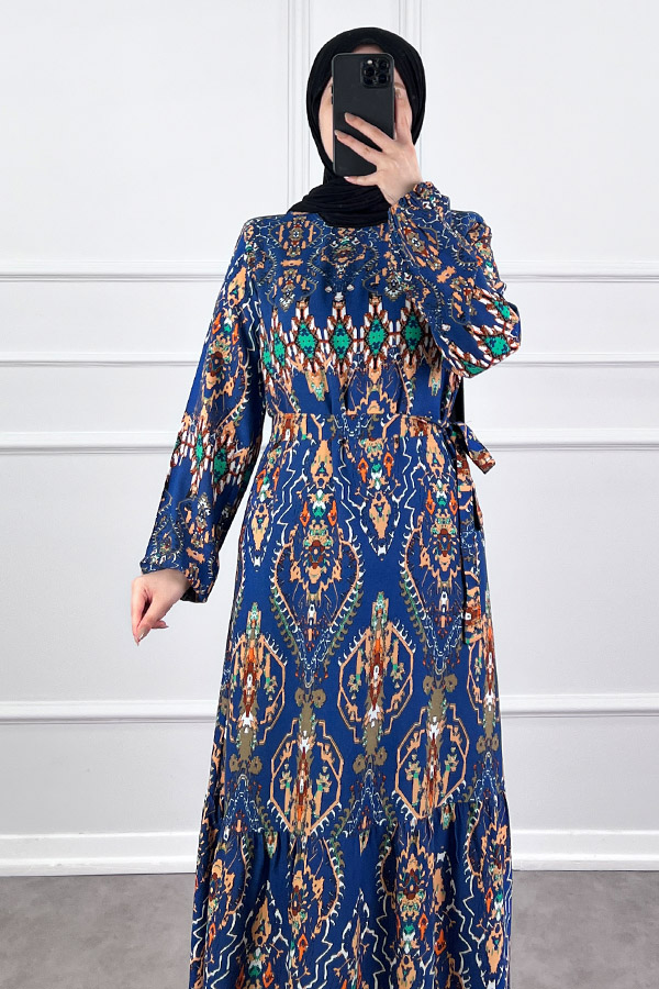 Desenli Viskon Elbise - Lacivert