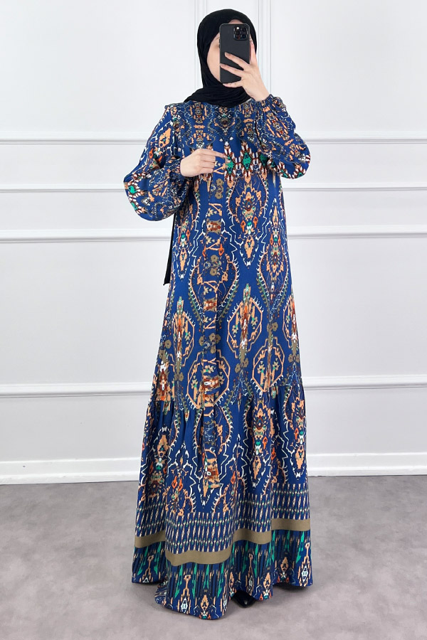 Desenli Viskon Elbise - Lacivert