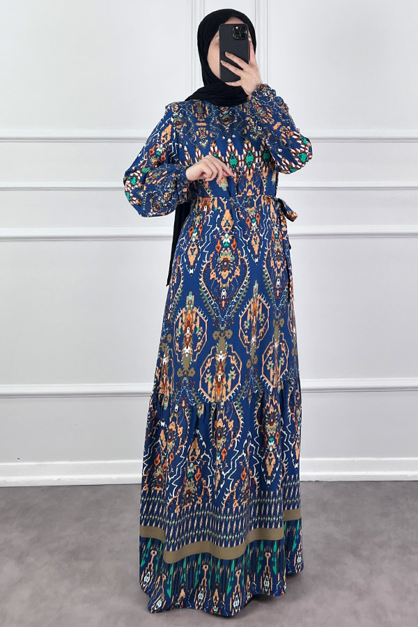 Desenli Viskon Elbise - Lacivert
