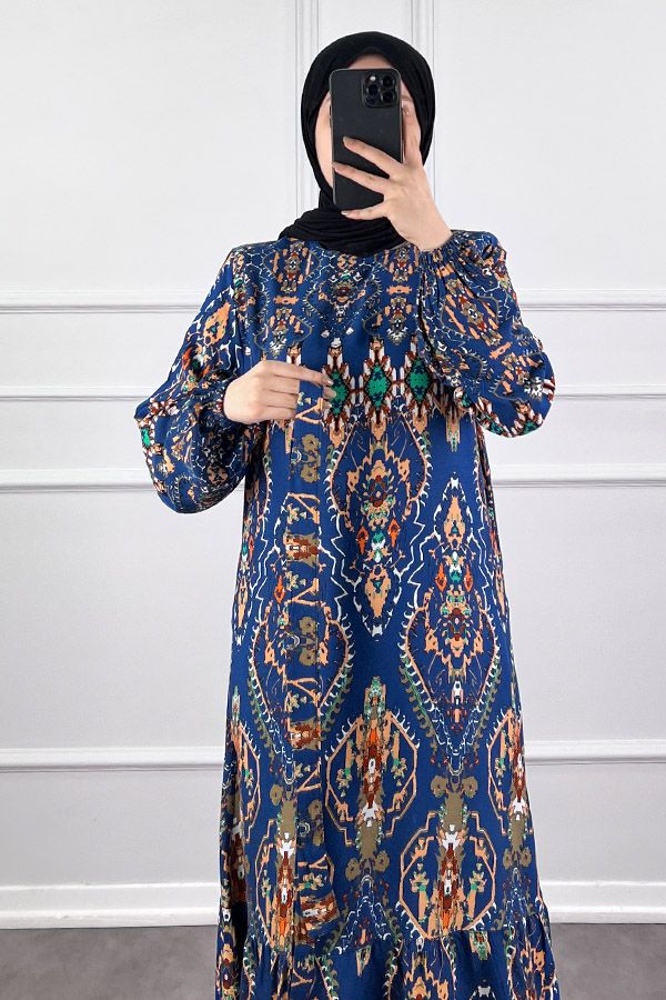 Desenli Viskon Elbise - Lacivert