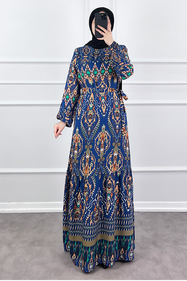 Desenli Viskon Elbise - Lacivert