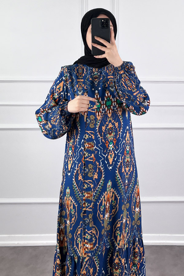 Desenli Viskon Elbise - Lacivert