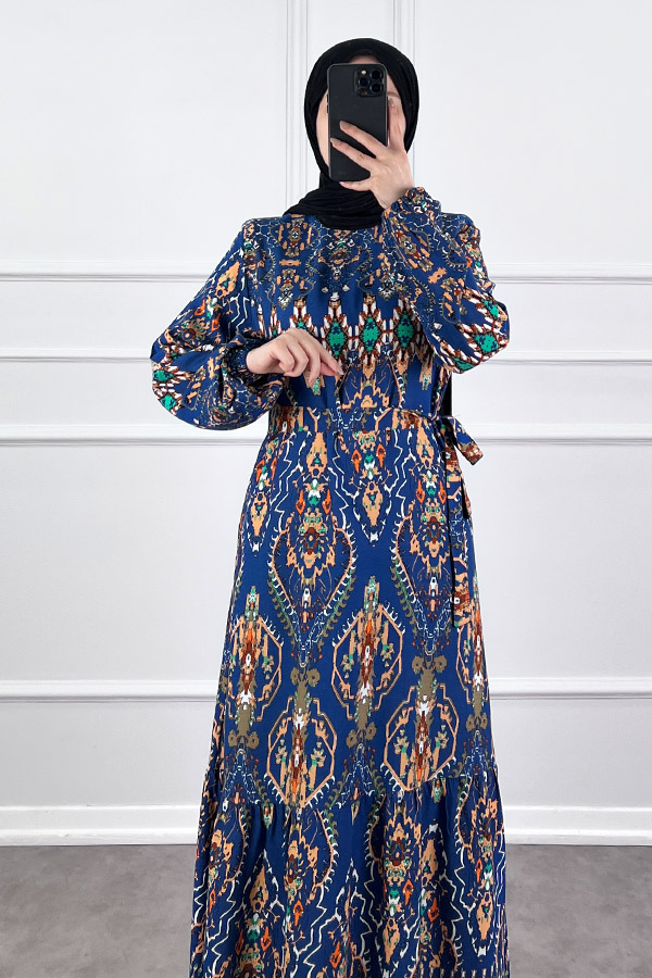 Desenli Viskon Elbise - Lacivert