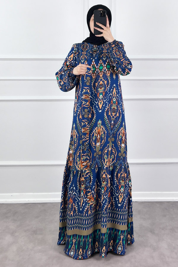 Desenli Viskon Elbise - Lacivert