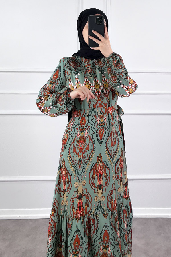 Desenli Viskon Elbise - Yosun Yeşili