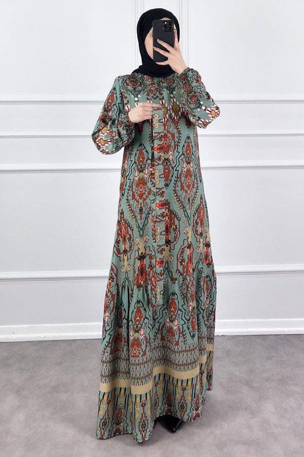 Desenli Viskon Elbise - Yosun Yeşili