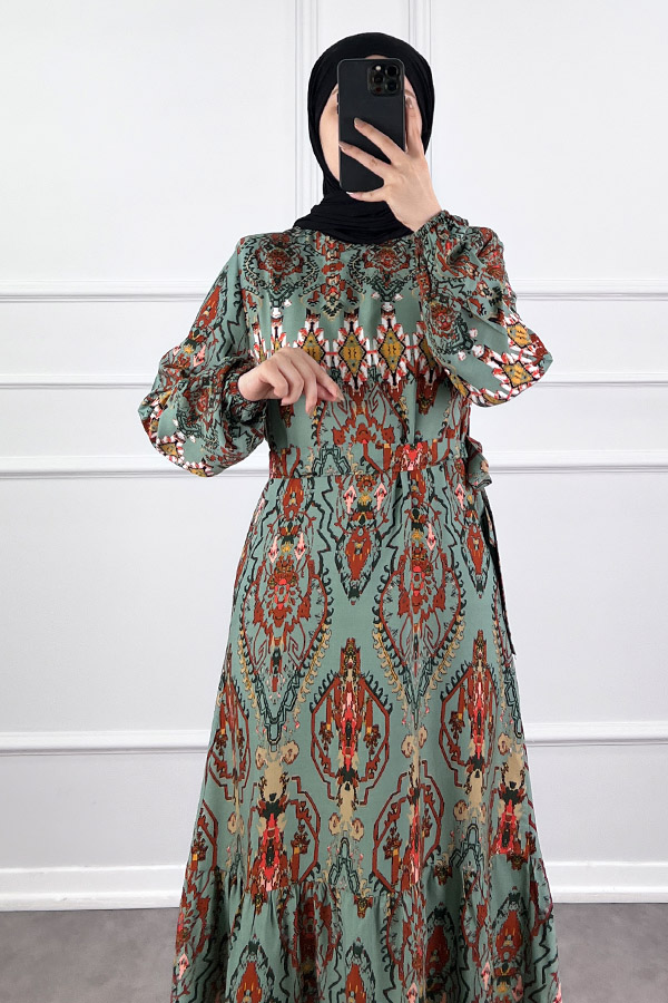 Desenli Viskon Elbise - Yosun Yeşili