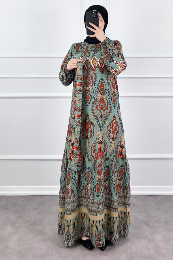 Desenli Viskon Elbise - Yosun Yeşili