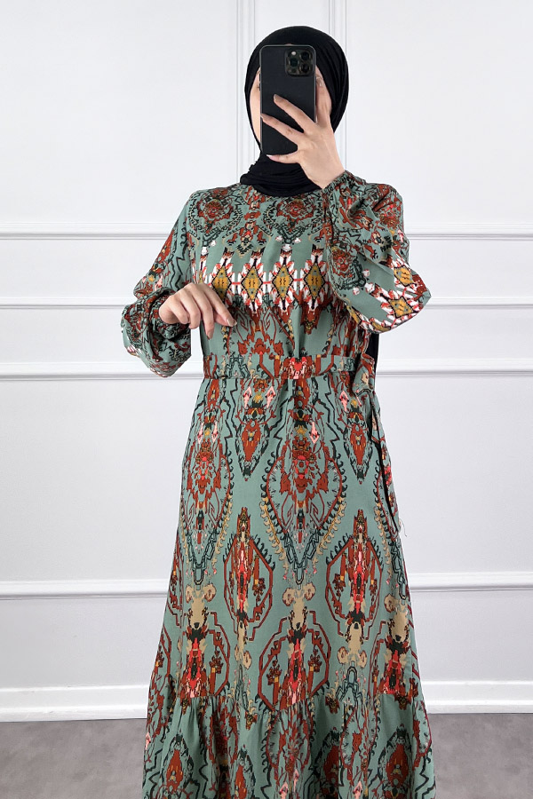 Desenli Viskon Elbise - Yosun Yeşili