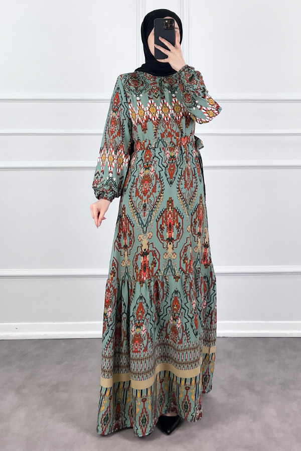 Desenli Viskon Elbise - Yosun Yeşili