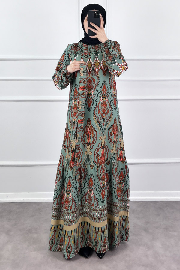 Desenli Viskon Elbise - Yosun Yeşili