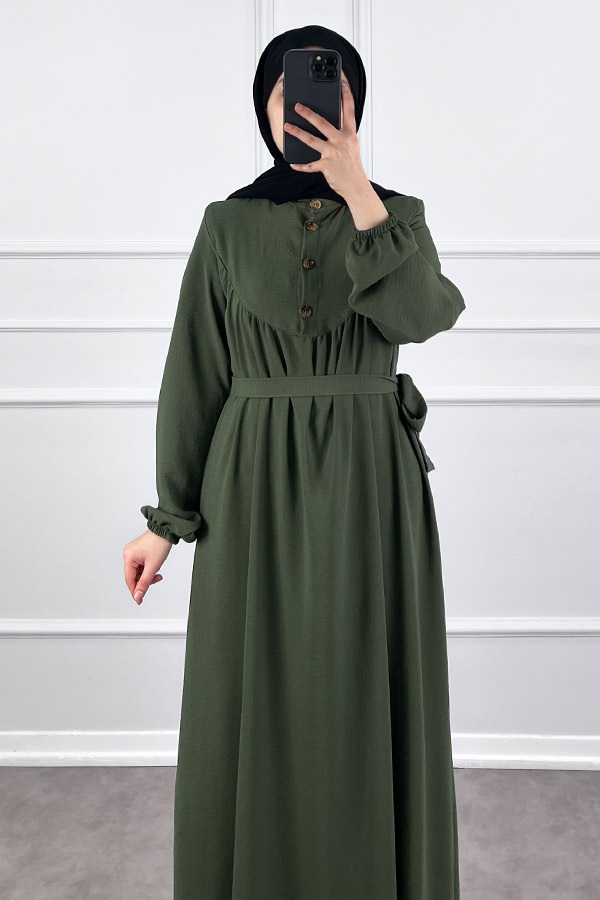 Düğmeli Ayrobin Elbise - Haki