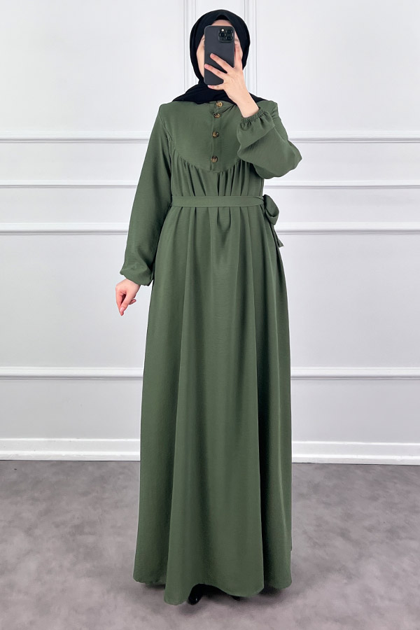Düğmeli Ayrobin Elbise - Haki
