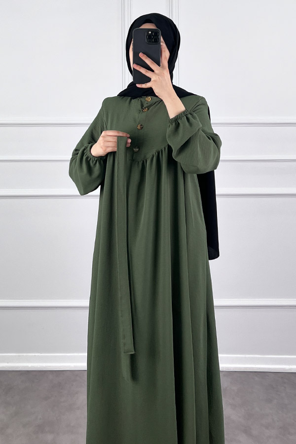 Düğmeli Ayrobin Elbise - Haki