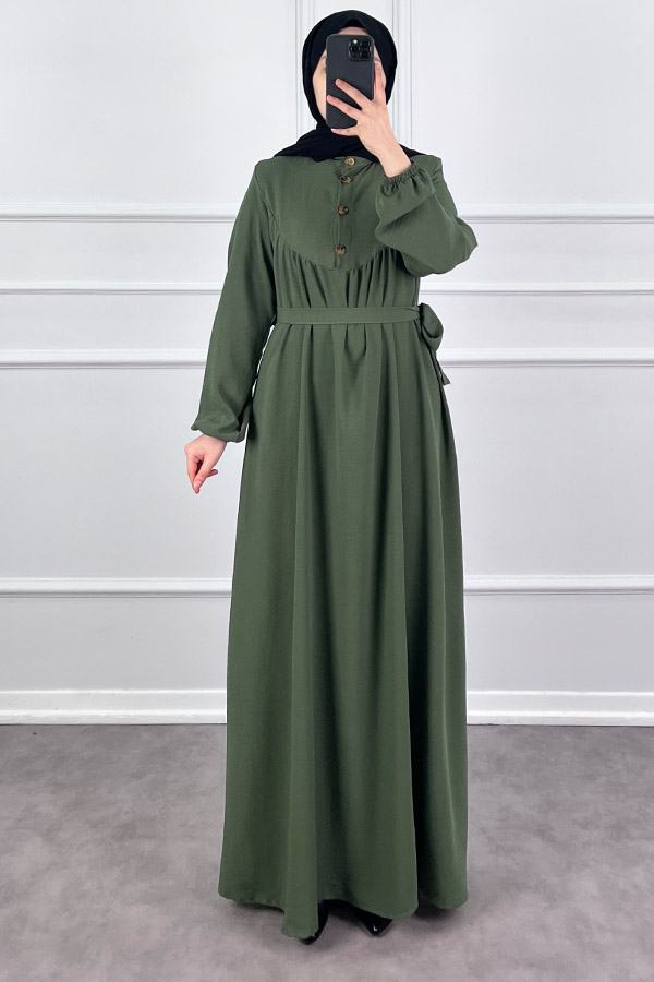 Düğmeli Ayrobin Elbise - Haki