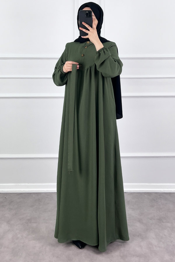 Düğmeli Ayrobin Elbise - Haki