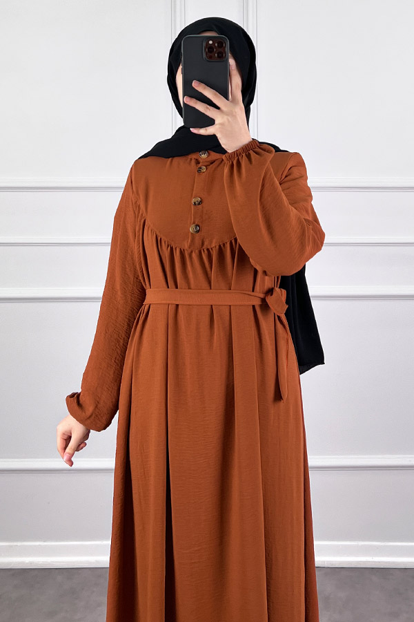 Düğmeli Ayrobin Elbise - Kiremit