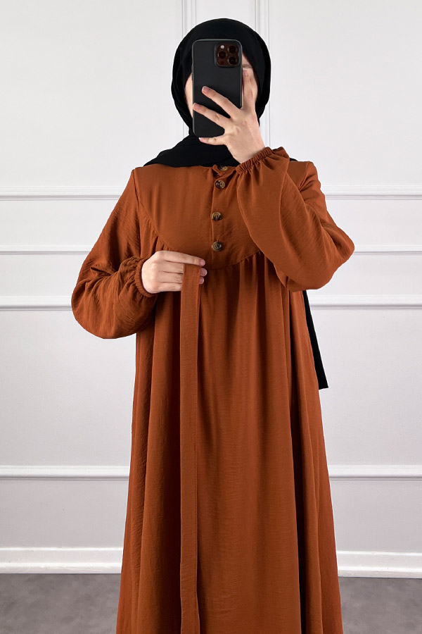 Düğmeli Ayrobin Elbise - Kiremit