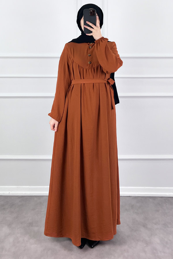 Düğmeli Ayrobin Elbise - Kiremit