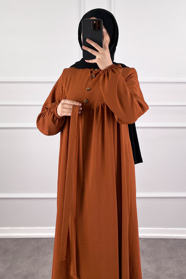 Düğmeli Ayrobin Elbise - Kiremit