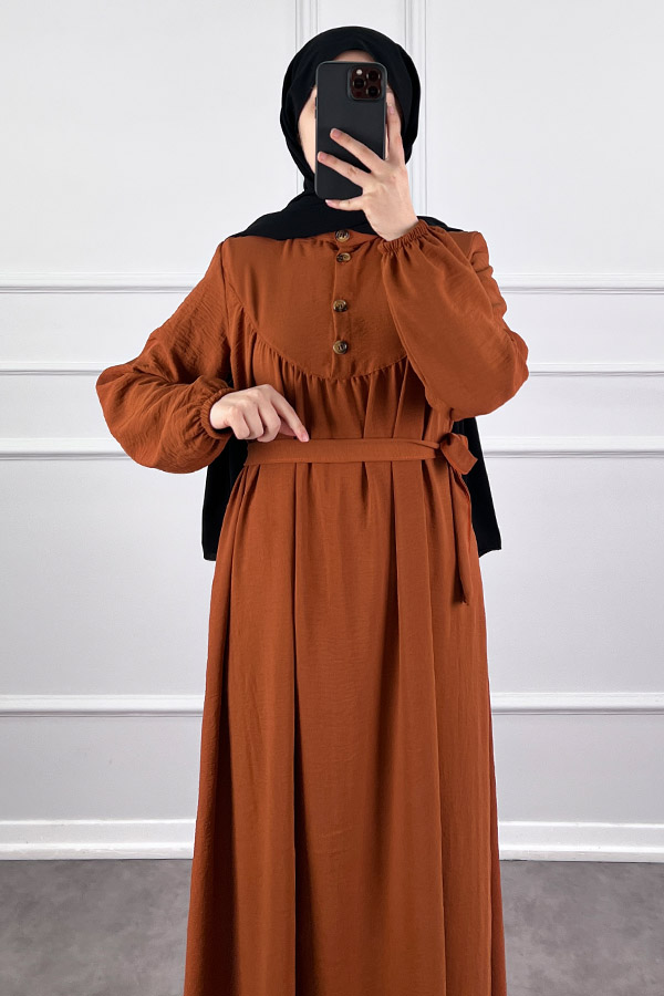 Düğmeli Ayrobin Elbise - Kiremit