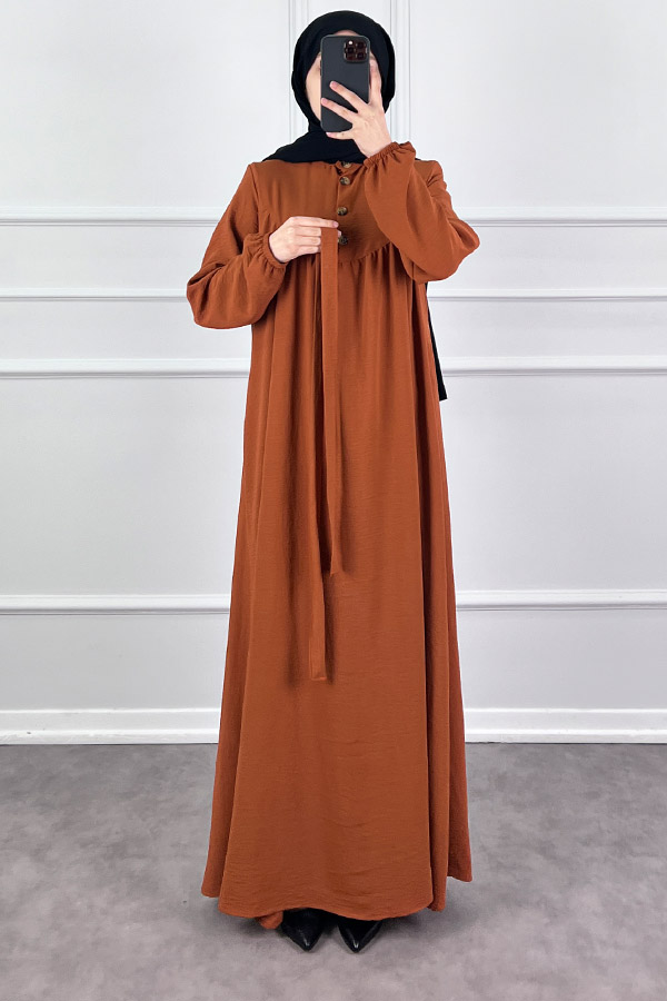 Düğmeli Ayrobin Elbise - Kiremit