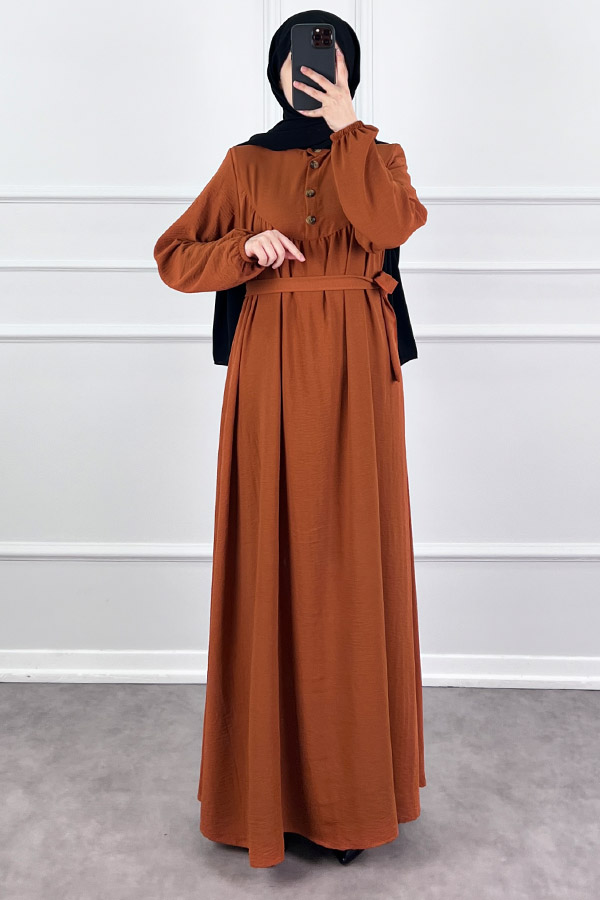 Düğmeli Ayrobin Elbise - Kiremit