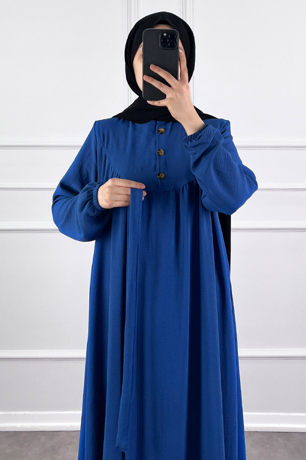 Düğmeli Ayrobin Elbise - Mavi