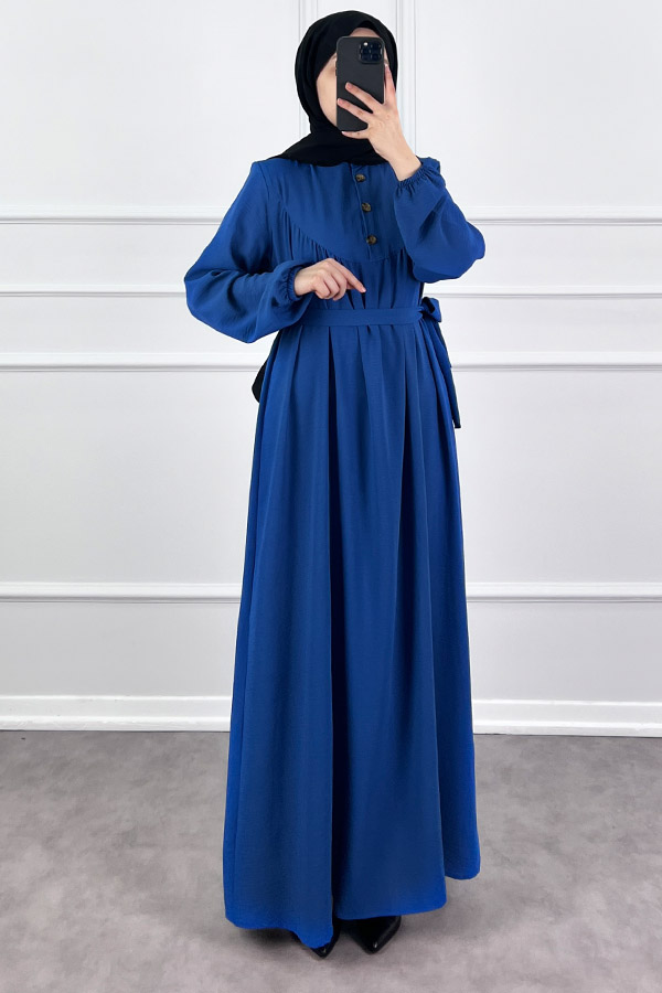 Düğmeli Ayrobin Elbise - Mavi