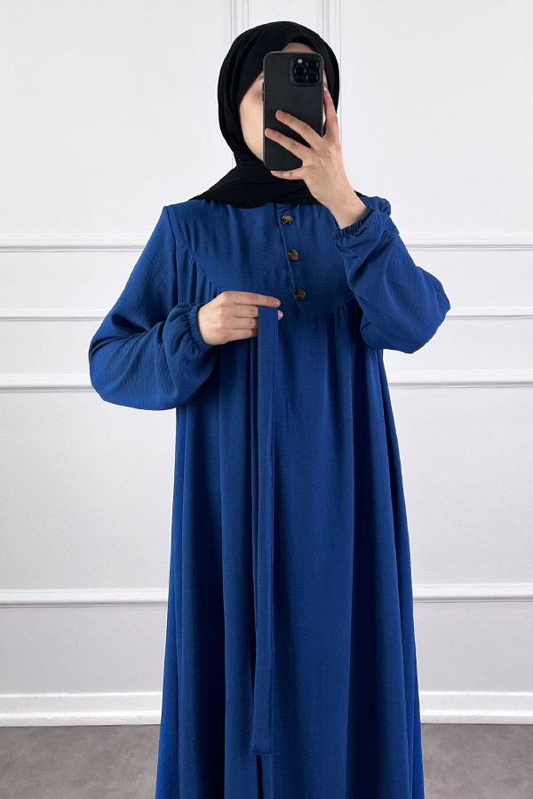 Düğmeli Ayrobin Elbise - Mavi